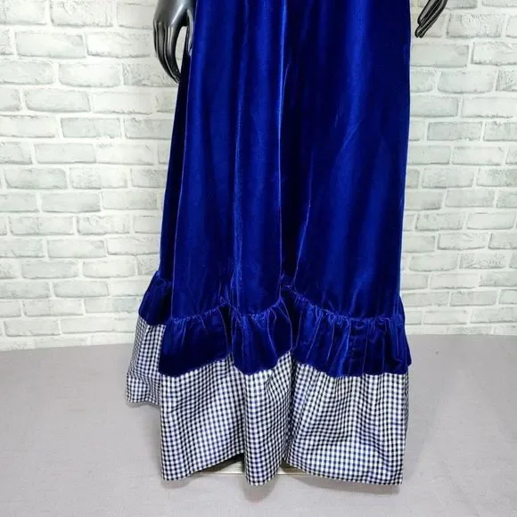Vintage 70s 80s Union Made Blue Velveteen Maxi Dress Hooded Mantle Set Gingham